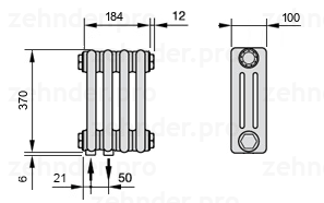 Схема (чертеж) Радиатор Zehnder Charleston 3037/4 №3370 Белый глянцевый RAL 9016